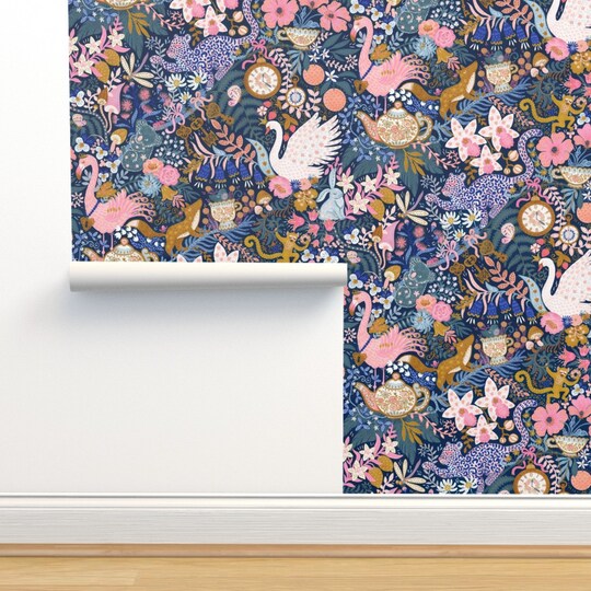 Maximalist Tea Party Whimsical Chintz Pink Purple Mustard Swans And Flamingos Custom Removable Wallpaper by Spoonflower Peel & Stick Wallpaper 2FT Wide